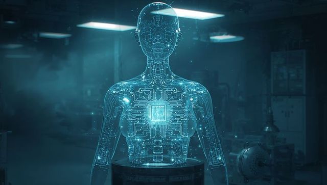Projecting holographic female android with central circuit chip in futuristic laboratory