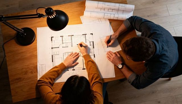 Collaborating on residential floor plan at wooden desk with lamp, sketches and blueprints