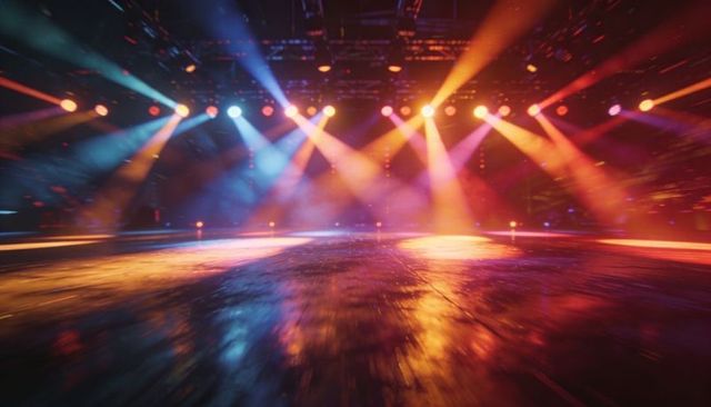Concert stage illuminating with colorful spotlights reflecting on glossy wet floor