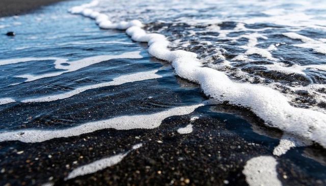 Lapping white sea foam on black wet sand beach closeup reflecting shoreline texture