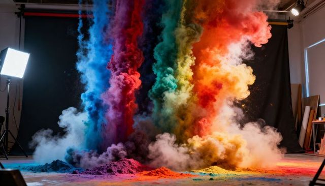 Rising rainbow powder clouds bursting in studio with vibrant colored pigment columns