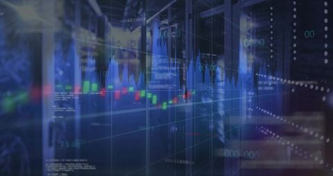 Server Room with Candlestick Overlay Showing Financial Data and Real-Time Telemetry
