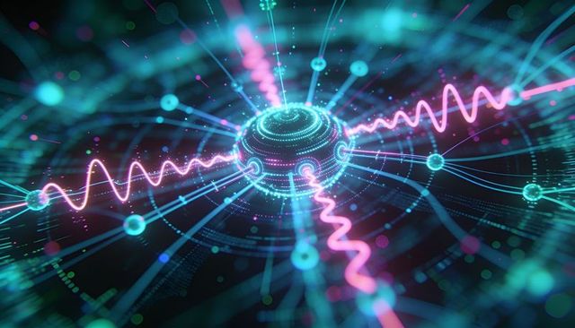 Pulsing neon data hub radiating cyan filaments and magenta waveforms in futuristic network