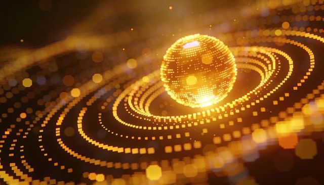 Glowing golden pixel sphere emitting warm light with concentric data rings, futuristic 3d