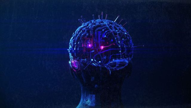 Futuristic cybernetic head with neon lights