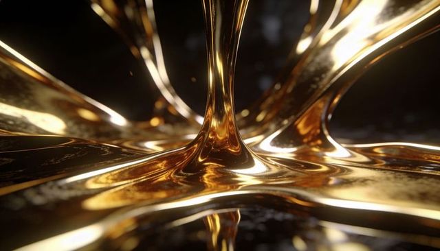 Flowing molten gold forming pillar and arching filaments on mirrored pool, glossy macro
