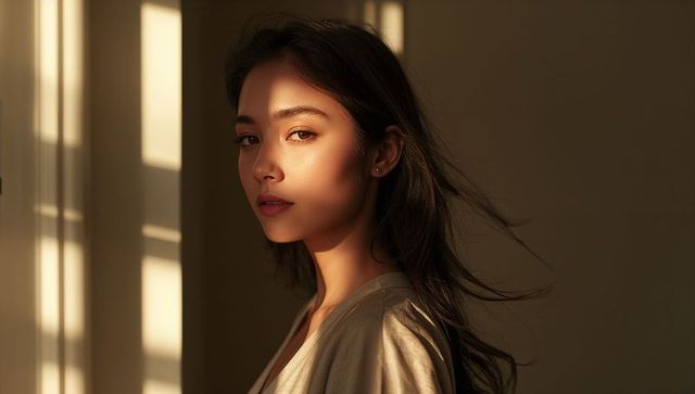 Young woman bathed in golden hour window light, cinematic portrait with soft shadows