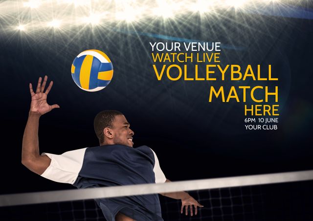 Male Athlete Spiking Ball Dramatic Volleyball Match Advertisement Template - Download Free Stock Templates Pikwizard.com