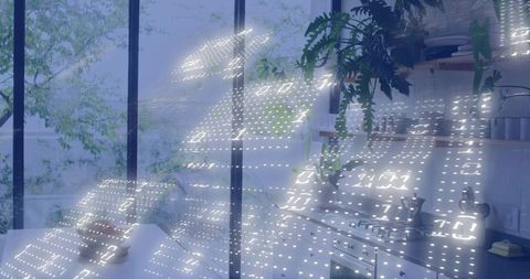 Holographic data grid sweeping across modern kitchen interior for smart home visualization