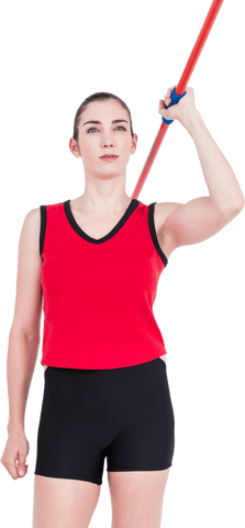 Female javelin athlete in action with red and black outfit on transparent background