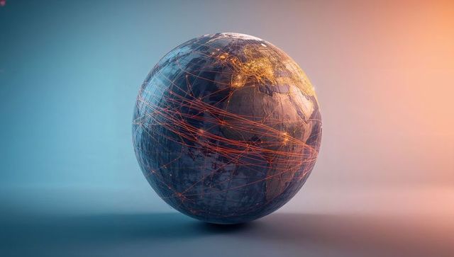 Hovering glowing global network sphere with illuminated city lights and data trails