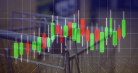 Virtual candlestick trading chart overlaying modern workstation with laptop and chair