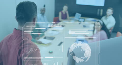 Business Leader Presenting Strategy with Digital Interface Overlay