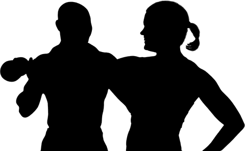 Transparent silhouette of muscular couple exercising