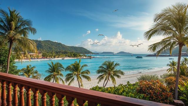 Tropical Balcony Overlooking Turquoise Bay with Palm Trees, Yacht and Sandy Beach