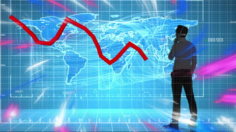 Businessman Analyzing Declining Graph in Digital World Map Concept