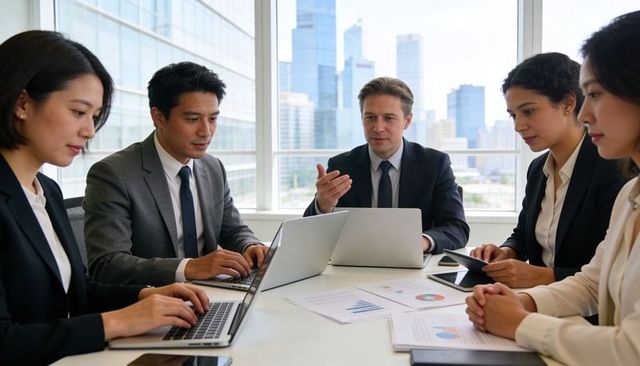Executive team discussing strategy in modern boardroom with laptops, reports and skyline