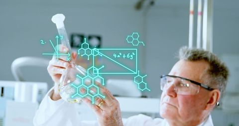 Scientist analyzing experiment with mathematical projections