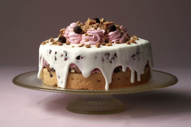 Ice cream cake with white icing, pink cream and nuts on top, created using generative ai technology. Cake, celebration, treat, sweet food and deserts concept digitally generated image.