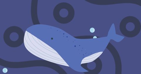 Playful blue whale illustration with bubbles in deep ocean
