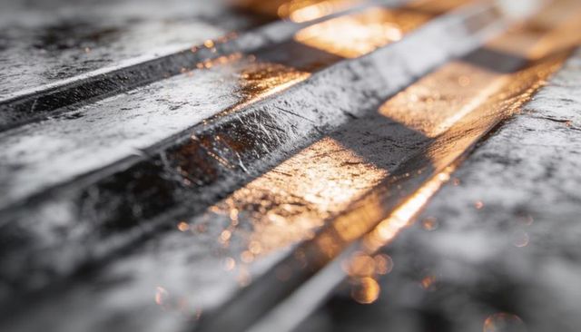 Sunlit wet metal ridges with golden reflections and water droplets macro texture