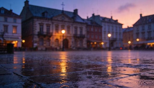 Rainy historic square at twilight reflecting warm lamplight on wet cobblestone