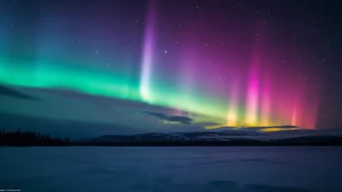 Time-lapse showing vibrant aurora borealis pillars dancing over snowy Arctic plain