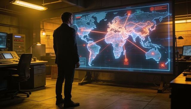 Executive standing before interactive global threat map in dark industrial command center