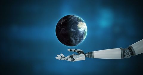 Robotic Hand Holding Digital Earth Globe on Blue Background - Download Free Stock Images Pikwizard.com