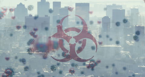 Cityscape with Biohazard Symbol and Floating Virus Particles