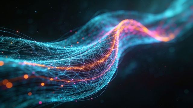 Neon data wave: flowing wireframe mesh with glowing nodes and dynamic particle stream