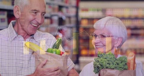 Smiling senior couple holding grocery bags of fresh produce with supermarket analytics overlay