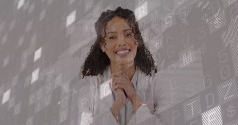 Smiling female scientist in futuristic digital interface