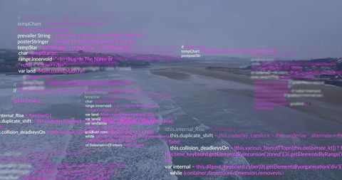 Coastline code overlay merging with tidal flats aerial seascape in magenta abstraction