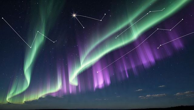 Vibrant northern lights with constellations in starry night sky