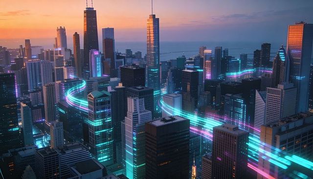 Neon ribbons streaming through futuristic glass skyscrapers at dusk cyberpunk skyline
