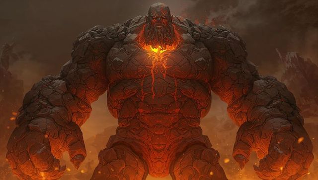 Fiery mythical lava golem dominates volcanic landscape