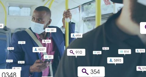Masked man using smartphone on bus with social media engagement icons