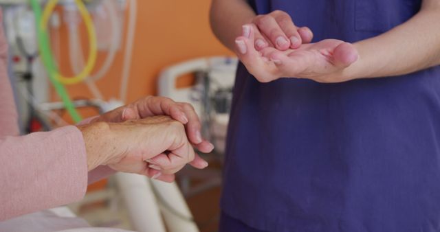 Healthcare professional examining patient's hand, symbolizing medical treatment and care. Perfect for illustrating medical services, patient consultation, healthcare worker tasks, or rehabilitation procedures.