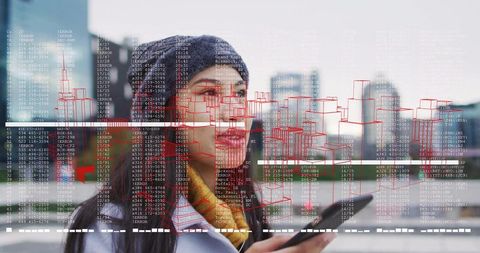 Woman Engaged with AR Technology on Modern Rooftop