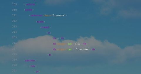 Html code with spyware reference over cloudy sky