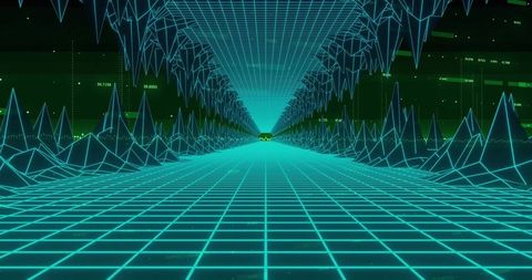 Neon cyber corridor featuring wireframe grid, polygonal peaks and retro futuristic tunnel