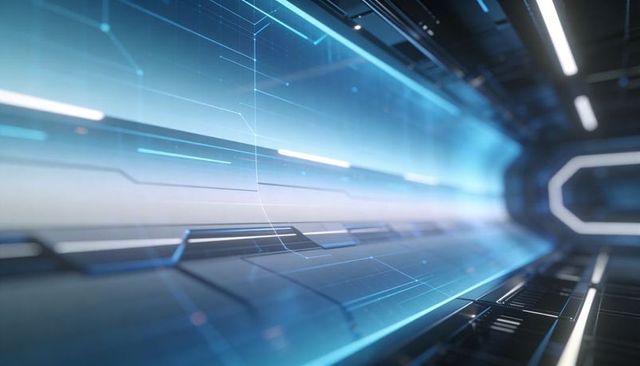 Futuristic blue tech corridor leading toward hexagonal portal with neon lighting