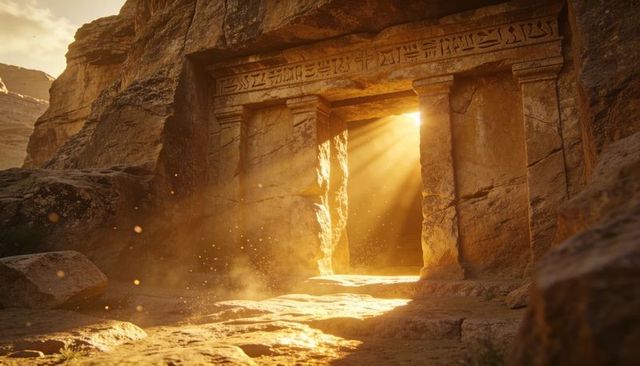 Sunlit ancient stone portal with carved lintel and dust rays in desert canyon