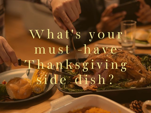 Perfect for use in social media promotions for Thanksgiving specials, family engagement posts, or holiday marketing materials encouraging viewers to share their favorite side dishes.