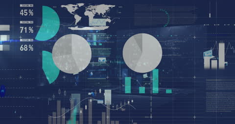 Futuristic Animation Showing Global Data Processing with Bar Charts and Maps