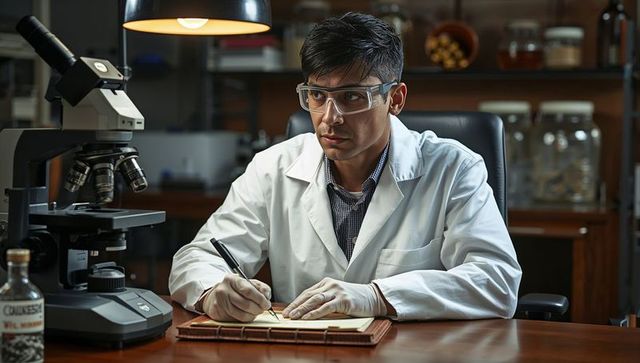 Lab researcher writing notes at bench with microscope and safety gear
