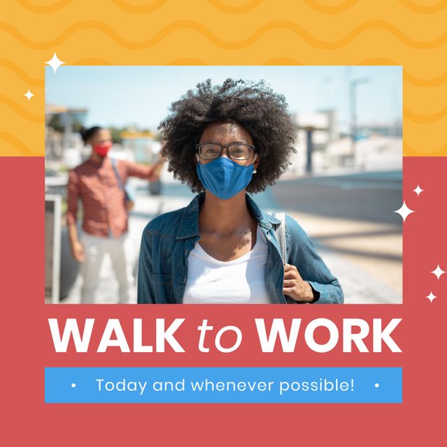 Woman wearing face mask and carrying bag, encouraging walking to work during COVID-19 pandemic. Ideal for promoting health, wellness campaigns, urban transportation, and pandemic safety measures. Useful for ads, websites, and social media posts.