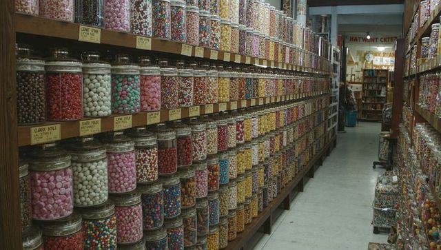 Narrow candy shop aisle featuring wooden shelves of glass jars filled with vibrant candies