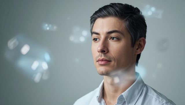 Man looking away with soft bokeh and gray backdrop, studio headshot for business and wellness